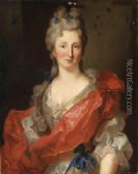 Portrait Of A Lady, Said To Be 
Madame L.a. De Crozat, Marchale Debroglie, Half Length, In A White Dress
 And A Red Drape Oil Painting - Jean Ranc
