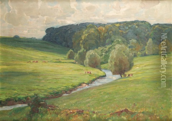 Sommerabend. Hugellandschaft Mit Kuhen Und Flusslauf Oil Painting - Wilhelm Feldmann