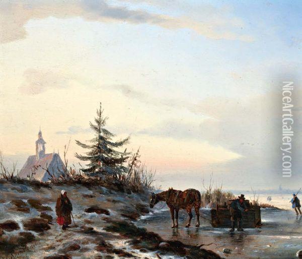 Winterlandschap Met Figuren En Paard Voor Slede Op Het Ijs Oil Painting - Carl Eduard Ahrendts