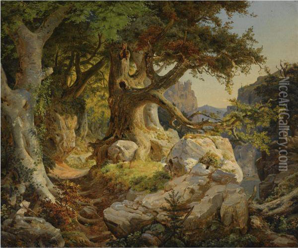 Der Drachenfels (view Of The Drachenfels) Oil Painting - Adolf Hohneck
