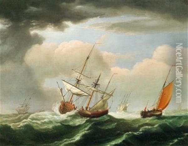 Sailing Boats On Rough Seas Oil Painting - Nicolaas Bauer