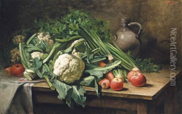 Cabbages, Carrots And Apples With A Jug On A Wooden Table Oil Painting - Paul Antoine de la Boulaye