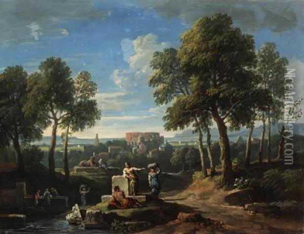 A Classical Landscape With Figures By Ruins Oil Painting - Jan Frans Van Bloemen (Orizzonte)