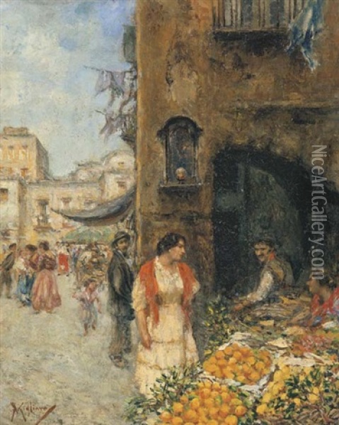 Napoli, Al Mercato Oil Painting - Vincenzo Migliaro