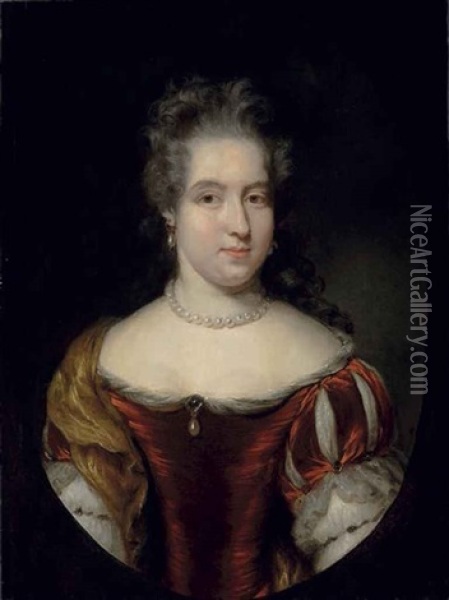 Portrait Of A Lady, Possibly From The Scholte Family, Half-length, In A Red Dress And Pearl Necklace, In A Painted Oval Oil Painting - Nicolaes Maes