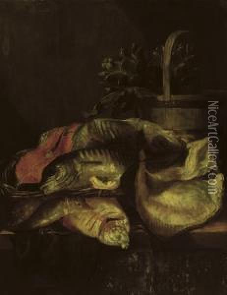 Various Fish Near A Wooden Basket With Artichokes, All On A Table Oil Painting - Abraham Hendrickz Van Beyeren