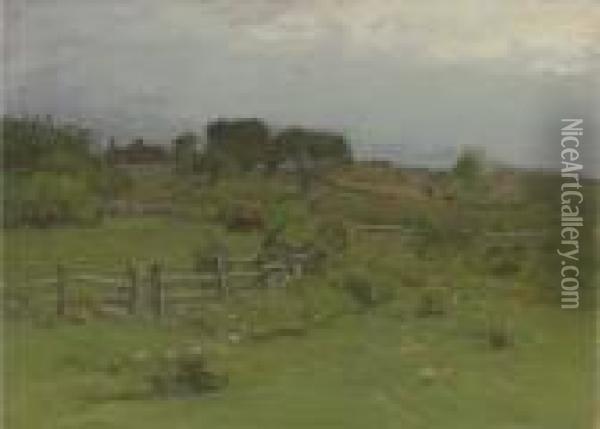 Cattle Grazing With A Farm In The Distance Oil Painting - John Joseph Enneking