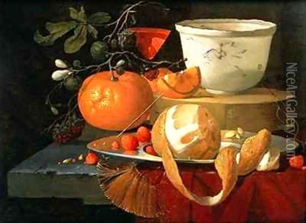 Still life of an orange, a lemon and strawberry on a pewter plate, a wan-li bowl behind Oil Painting - Elias van den Broeck