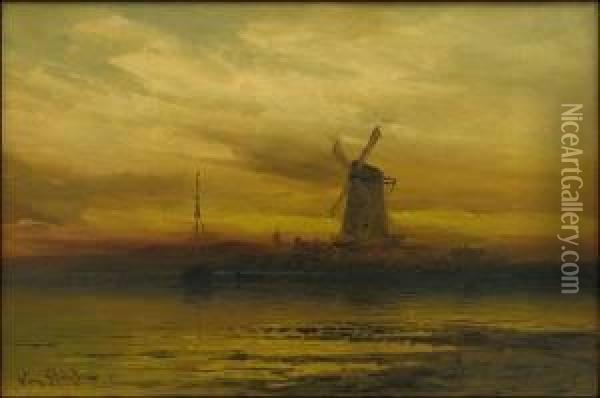 Herminie Von Stahl (nineteenth-century) Windmill At Dusk Oil Painting - Herminie Von Stahl