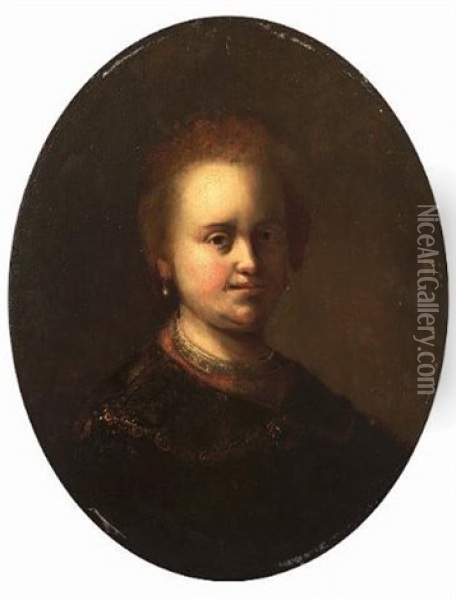 Portrait Of Saskia In A Brown Dress And Pearl Earrings Oil Painting -  Rembrandt van Rijn
