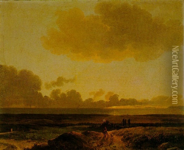 A Coastal Landscape At Sunset With A Rider And Dog In The Foreground Oil Painting - Simon-Joseph-Alexandre Clement Denis