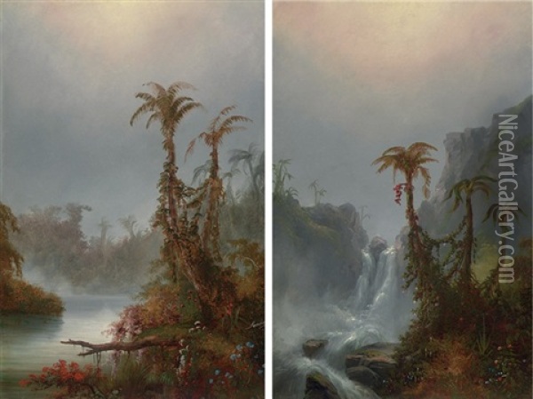 Tropical Scene With Fallen Tree (+ Tropical Landscape With Waterfall; Pair) Oil Painting - Alexander Francois Loemans