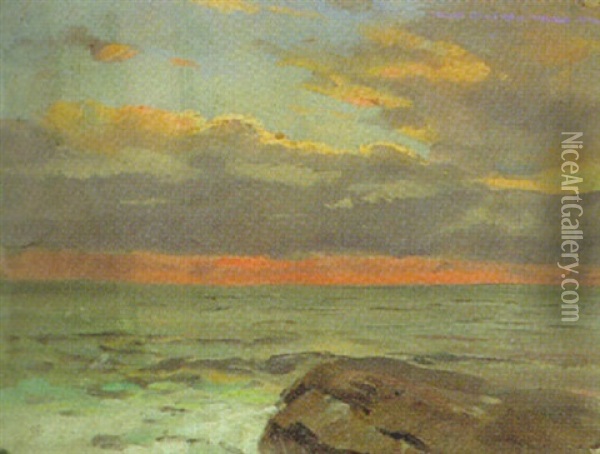 Sonnenuntergang Mit Stein (arkona / Rugen?) Oil Painting - Heinrich Petersen-Flensburg