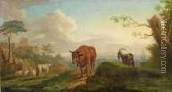 Paar Sudliche Landschaften Mit Ruhenden Herden Im Abendlicht Oil Painting - Johan Heinrich Roos