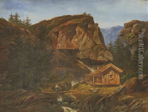 Cottage In A Mountain Landscape Oil Painting - Christian August Printz