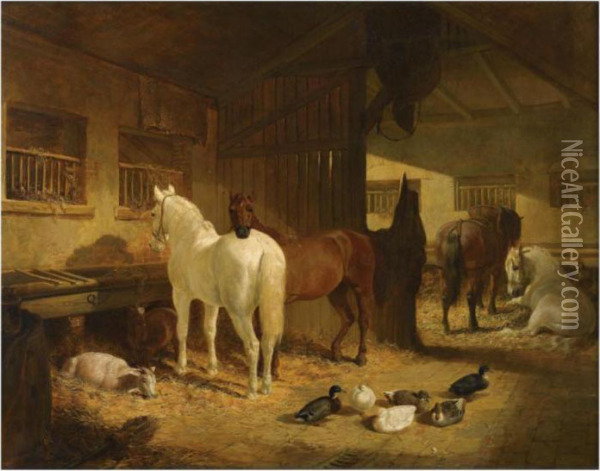 Four Horses In A Barn Oil Painting - John Frederick Herring Snr
