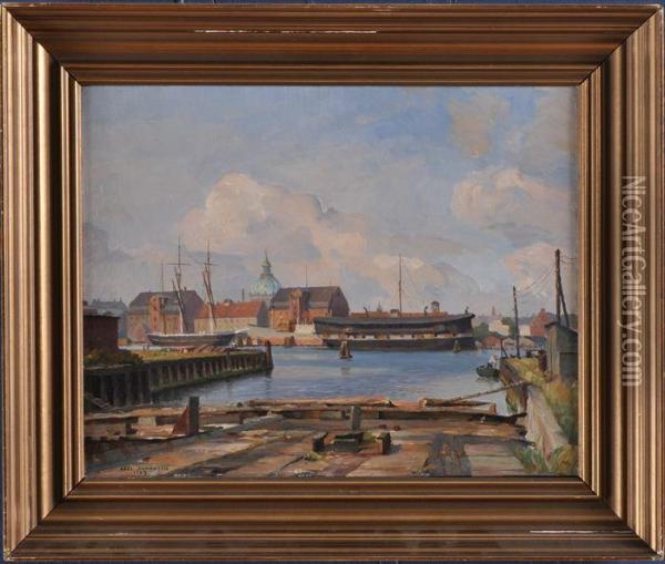 Harbor Scene Oil Painting - Axel Johansen