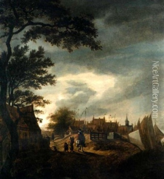 A Horseman Riding Through A Village At Dusk Oil Painting - Anthonie Van Borssom
