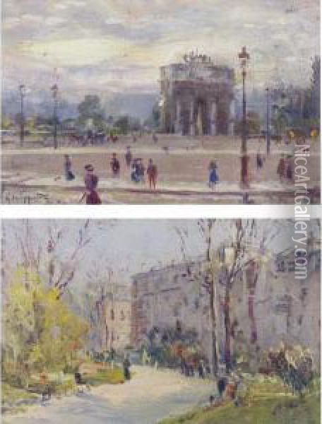 'view Of The Arc De Triomphe' And 'afternoon In The Park': A Pair Oil Painting - Pietro Scoppetta