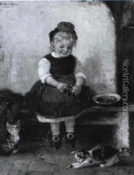 Kleines Madchen Mit Zwei K,tzchen Spielend Oil Painting - Hugo Oehmichen