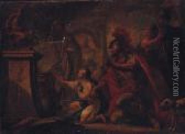 A Roman Warrior And A Boy Before A Sacrificial Altar Oil Painting - Sebastiano Ricci