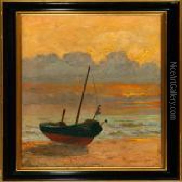 A Rowing Boat On A Beach At Sunset Oil Painting - Viggo Rasmus Simesen
