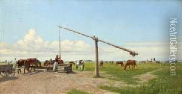 Watering Horses In The Puszta Oil Painting - Hermann Reisz