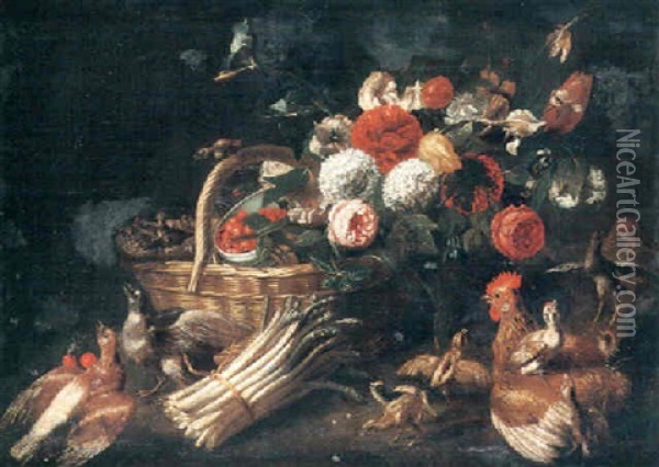 Panier De Fleurs Et De Fruits, Botte S'asperges Et Volailles Oil Painting - Pieter Casteels III