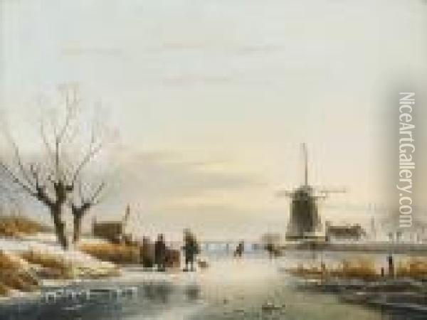 Zugefrorene Seepartie Mit Windmuhle Oil Painting - Lodewijk Johannes Kleijn