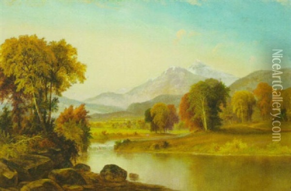 Stream And Waterfall In Autumn Landscape, Snow-capped Mountains (the Rockies?) And A Village In The Distance Oil Painting - Daniel Charles Grose