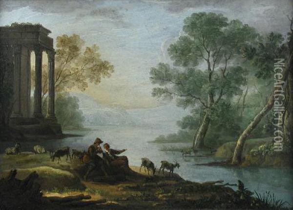 Italianatelandscape With Goatherds Making Music By A Lake Oil On Canvas 32 X45cm Oil Painting - Thomas Barker of Bath