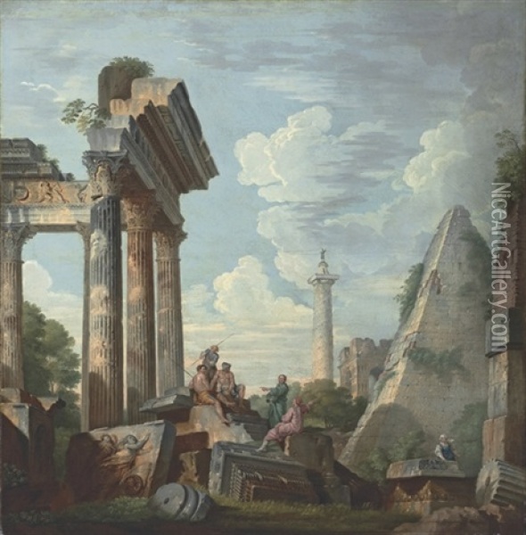 An Architectural Capriccio With The Pyramid Of Cestius And Trajan's Column Oil Painting - Giovanni Paolo Panini