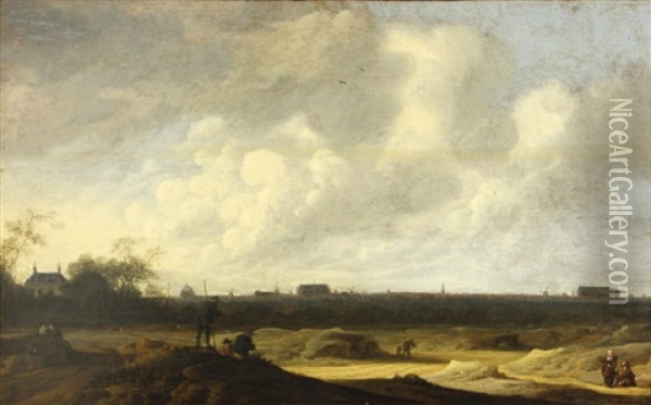 An Extensive Landscape With Figures, With A View Thought To Be Of Leiden In The Distance Oil Painting - Anthony Jansz van der Croos