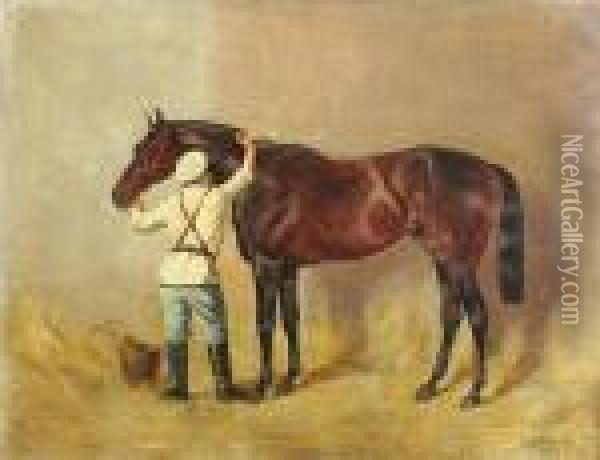 A Soldier Grooming His Horse Oil Painting - Nikolai Egorovich Sverchkov
