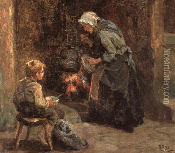 A Mother Cooking A Meal At An Open Fire Oil Painting - Ralph Hedley