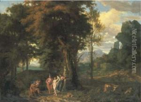 A Classical Wooded Landscape With The Judgement Of Paris Oil Painting - Johannes (Polidoro) Glauber