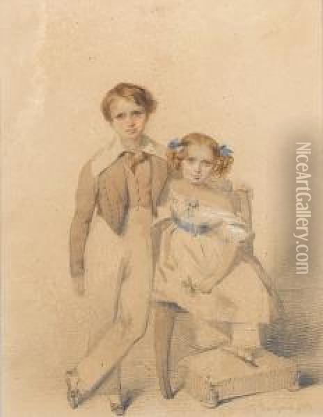 James Henry Reid, Wearing Brown 
Coat, Matchingwaistcoat With White Trousers And Falling Collar, His 
Sisterkatherine, Seated To His Left, Wearing White Dress With 
Shortpuffed Sleeves And Blue Sash And Gold Buckle, A Knotted Blue 
Ribbonat Her Breast Oil Painting - Francois Theodore Rochard