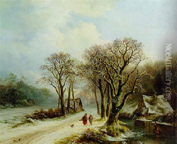 Travellers On A Path In A Winter Forest Oil Painting - Willem Bodemann