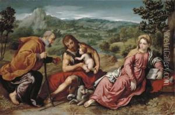 The Holy Family With Saint John The Baptist In An Extensive Landscape Oil Painting - Paris Bordone