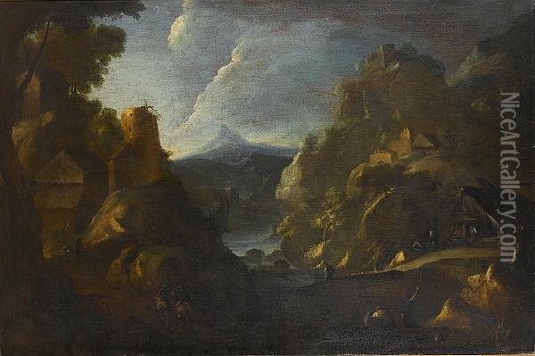 A Rocky River Landscape With Figures Taking Shelter Before A Hut Oil Painting - Bartolomeo Pedon