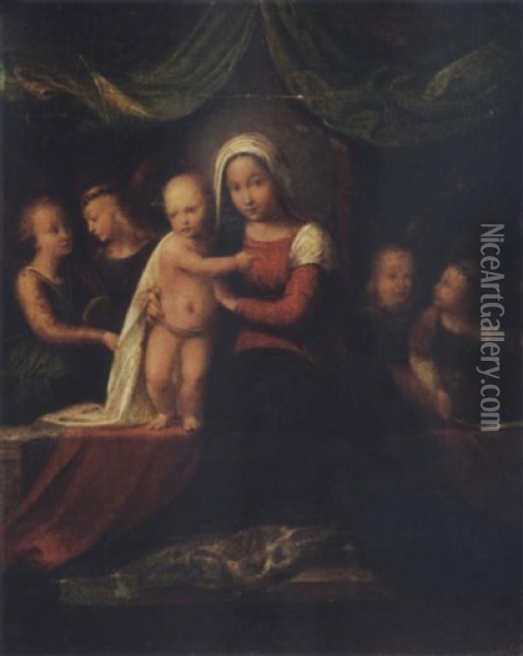 The Madonna And Child Enthroned With Angels Making Music Oil Painting - Benvenuto Tisi da Garofalo