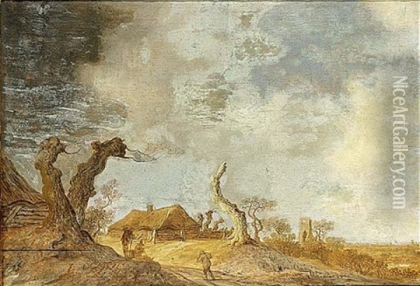 A Dune Landscape With Figures Conversing Near Tree Trunks, A Farm Beyond Oil Painting - Anthony Jansz van der Croos
