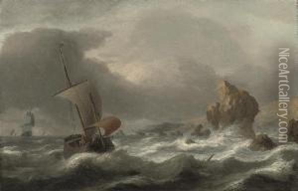 A Rocky Coastline With Shipping In Choppy Seas Oil Painting - Simon De Vlieger