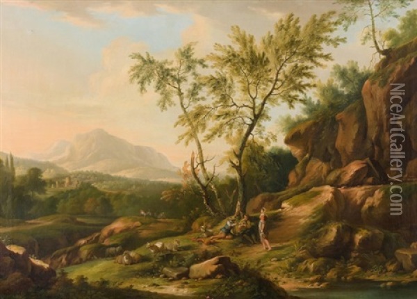 Ideallandschaft Mit Hirten, Schafen Und Ziegen Oil Painting - Johann Balthasar Bullinger the Elder