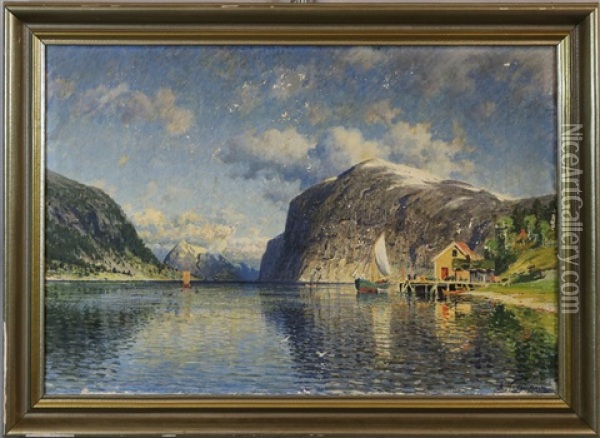 Fjordlandschaft Mit Booten Und Kleiner Hutte Am Ufer Oil Painting - Adelsteen Normann