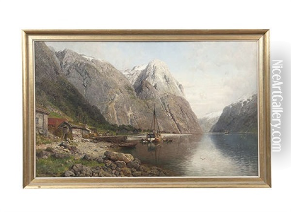 Mailboat In Norwegian Fjord Oil Painting - Anders Monsen Askevold