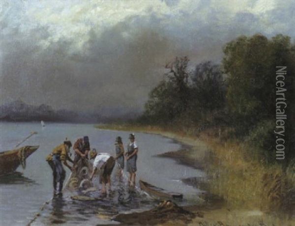 Fischer Beim Einholen Der Netze Am Seeufer (chiemsee?) Oil Painting - Carl Mueller-Baumgarten