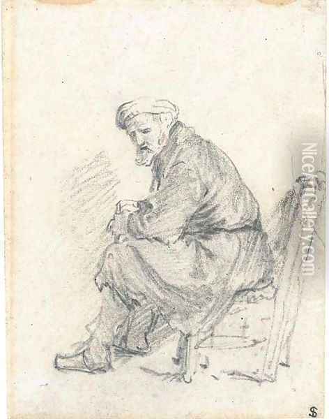 An old man wearing a turban seated in profile to the left Oil Painting - Rembrandt Van Rijn