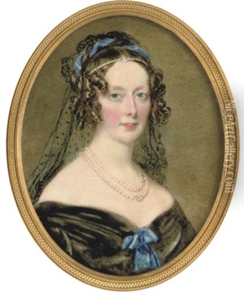 A Lady Of The Airlie Family, In Off-the-shoulder Black Velvet Dress With Bright Blue Ribbon Tied At Corsage Oil Painting - Sir William Charles Ross
