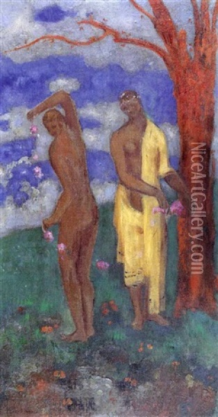 Deux Femmes Pres D'un Arbre Rouge Oil Painting - Odilon Redon